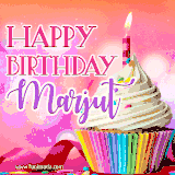 A vibrant birthday GIF featuring a rainbow-colored cupcake topped with white frosting, sprinkles, and a lit candle. The text reads 'Happy Birthday Marjut' in bold pink and violet letters with white outline.