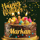 A delightful chocolate birthday cake with bright candles and 'Happy Birthday Markan' written in gold amidst a shower of animated stars.