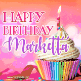 A vibrant birthday GIF featuring a rainbow-colored cupcake topped with white frosting, sprinkles, and a lit candle. The text reads 'Happy Birthday Marketta' in bold pink and violet letters with white outline.