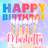A vibrant animated name GIF with the words 'Happy Birthday Marketta' with colorful candles on a creamy cake. The background sparkles with pastel shades, adding a festive touch.