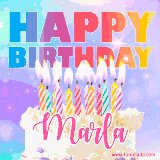 A vibrant animated name GIF with the words 'Happy Birthday Marla' with colorful candles on a creamy cake. The background sparkles with pastel shades, adding a festive touch.