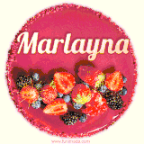 Beautifully decorated red velvet berry birthday cake with vibrant fruits and a glowing 'Marlayna' name, adding a touch of sweetness and sparkle.