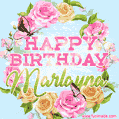 A charming animated GIF featuring 'Happy Birthday Marlayna' in pink and green text, surrounded by delicate roses, leaves, and fluttering butterflies on a soft light blue pastel background.