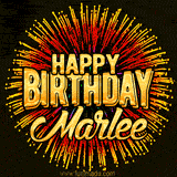 Golden 'Happy Birthday Marlee' text accompanied by animated rainbow fireworks for a festive animated greeting.