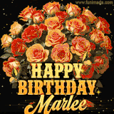 Animated bouquet of orange roses with moving butterfles and golden 'Happy Birthday Marlee' text, surrounded by sparkling accents and a dark backdrop for a luxurious feel.