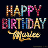 Vibrant luxury birthday greeting card for Marlee, showing glittering gemstone letters and golden calligraphy on a dark background with twinkling shine effects.