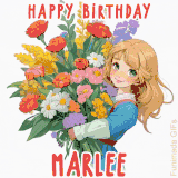 Bright floral birthday animation for Marlee showing a cute cartoon girl with golden hair and expressive eyes holding a huge bouquet, surrounded by birthday text.