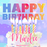 A vibrant animated name GIF with the words 'Happy Birthday Marlee' with colorful candles on a creamy cake. The background sparkles with pastel shades, adding a festive touch.