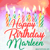 Bright birthday candles with rainbow flames on a cake, alongside the text 'Happy Birthday Marleen' in vibrant script in this celebratory animated GIF.