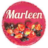 Beautifully decorated red velvet berry birthday cake with vibrant fruits and a glowing 'Marleen' name, adding a touch of sweetness and sparkle.