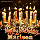 A glowing personalized birthday GIF with name Marleen featuring lit candles with intricate designs, warm lighting, and the text 'Happy Birthday' in an elegant font.