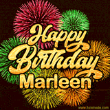 Golden text reading 'Happy Birthday Marleen' surrounded by vibrant fireworks in red, green, and yellow, set against a dark background in this celebratory birthday GIF.