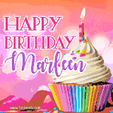 A vibrant birthday GIF featuring a rainbow-colored cupcake topped with white frosting, sprinkles, and a lit candle. The text reads 'Happy Birthday Marleen' in bold pink and violet letters with white outline.
