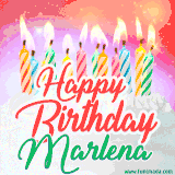 Bright birthday candles with rainbow flames on a cake, alongside the text 'Happy Birthday Marlena' in vibrant script in this celebratory animated GIF.