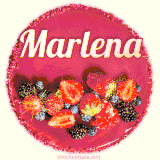 Beautifully decorated red velvet berry birthday cake with vibrant fruits and a glowing 'Marlena' name, adding a touch of sweetness and sparkle.