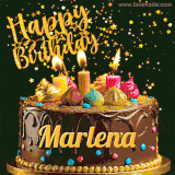 A delightful chocolate birthday cake with bright candles and 'Happy Birthday Marlena' written in gold amidst a shower of animated stars.