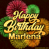 Golden text reading 'Happy Birthday Marlena' surrounded by vibrant fireworks in red, green, and yellow, set against a dark background in this celebratory birthday GIF.