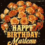 Animated bouquet of orange roses with moving butterfles and golden 'Happy Birthday Marlena' text, surrounded by sparkling accents and a dark backdrop for a luxurious feel.