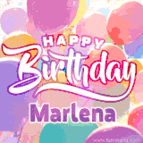 A vibrant name GIF featuring colorful balloons in shades of pink, orange, and yellow with the bold text 'Happy Birthday Marlena' in festive fonts, creating a lively birthday vibe.