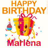 A vibrant and funny gift box character with a happy face dancing with a cupcake and the text 'Happy Birthday Marlena,' surrounded by animated confetti and party vibes.