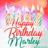 Bright birthday candles with rainbow flames on a cake, alongside the text 'Happy Birthday Marley' in vibrant script in this celebratory animated GIF.