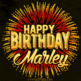 Golden 'Happy Birthday Marley' text accompanied by animated rainbow fireworks for a festive animated greeting.