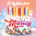 Personalized for Marley elegant birthday cake adorned with rainbow sprinkles, colorful candles and glitter