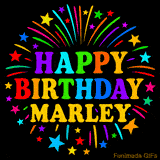 Personalized greeting card with name, colorful text that says 'Happy Birthday Marley' surrounded by animated fireworks and multicolor stars