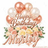 Beautifully animated Happy Birthday Marley e-card with rose gold decorations