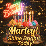 Happy Birthday Marley animated GIF displaying a chocolate drip cake with a glowing neon sign and lit candles.
