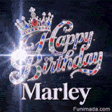 Happy Birthday Marley animated image showcasing a royal silver crown and glittering particle beams on a space backdrop.