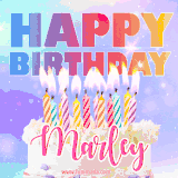 A vibrant animated name GIF with the words 'Happy Birthday Marley' with colorful candles on a creamy cake. The background sparkles with pastel shades, adding a festive touch.