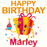 A vibrant and funny gift box character with a happy face dancing with a cupcake and the text 'Happy Birthday Marley,' surrounded by animated confetti and party vibes.