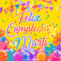 A bright and festive GIF with the text 'Feliz Cumpleaños Marli' in Spanish in colorful fonts, surrounded by confetti, balloons, and festive banners on a vibrant yellow background.