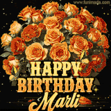 Animated bouquet of orange roses with moving butterfles and golden 'Happy Birthday Marli' text, surrounded by sparkling accents and a dark backdrop for a luxurious feel.