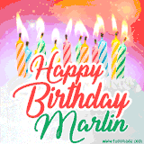 Bright birthday candles with rainbow flames on a cake, alongside the text 'Happy Birthday Marlin' in vibrant script in this celebratory animated GIF.
