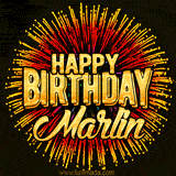 Golden 'Happy Birthday Marlin' text accompanied by animated rainbow fireworks for a festive animated greeting.
