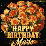Animated bouquet of orange roses with moving butterfles and golden 'Happy Birthday Marlo' text, surrounded by sparkling accents and a dark backdrop for a luxurious feel.