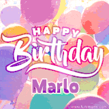 A vibrant name GIF featuring colorful balloons in shades of pink, orange, and yellow with the bold text 'Happy Birthday Marlo' in festive fonts, creating a lively birthday vibe.