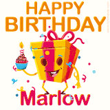 A vibrant and funny gift box character with a happy face dancing with a cupcake and the text 'Happy Birthday Marlow,' surrounded by animated confetti and party vibes.
