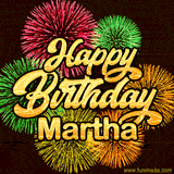 Golden text reading 'Happy Birthday Martha' surrounded by vibrant fireworks in red, green, and yellow, set against a dark background in this celebratory birthday GIF.