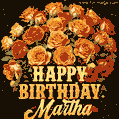 Beautiful bouquet of orange and red roses for Martha, golden inscription and twinkling stars