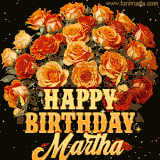 Animated bouquet of orange roses with moving butterfles and golden 'Happy Birthday Martha' text, surrounded by sparkling accents and a dark backdrop for a luxurious feel.