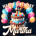Hand-drawn happy birthday cake adorned with an arch of colorful balloons - name GIF for Martha