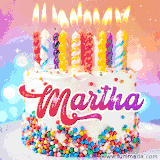 A cheerful white birthday cake with multicolor sprinkles, lit candles, and 'Martha' written in vibrant letters, in an animated GIF.