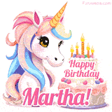 An adorable animated unicorn with soft pastel colors sits beside a birthday cake with glowing candles, and a pink 'Happy Birthday Martha!' words.