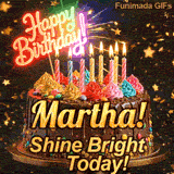 Custom birthday ecard for Martha showing a gourmet chocolate cake on a dark background with golden star sparkles.