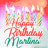 Bright birthday candles with rainbow flames on a cake, alongside the text 'Happy Birthday Martina' in vibrant script in this celebratory animated GIF.