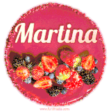 Beautifully decorated red velvet berry birthday cake with vibrant fruits and a glowing 'Martina' name, adding a touch of sweetness and sparkle.