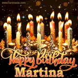 A glowing personalized birthday GIF with name Martina featuring lit candles with intricate designs, warm lighting, and the text 'Happy Birthday' in an elegant font.